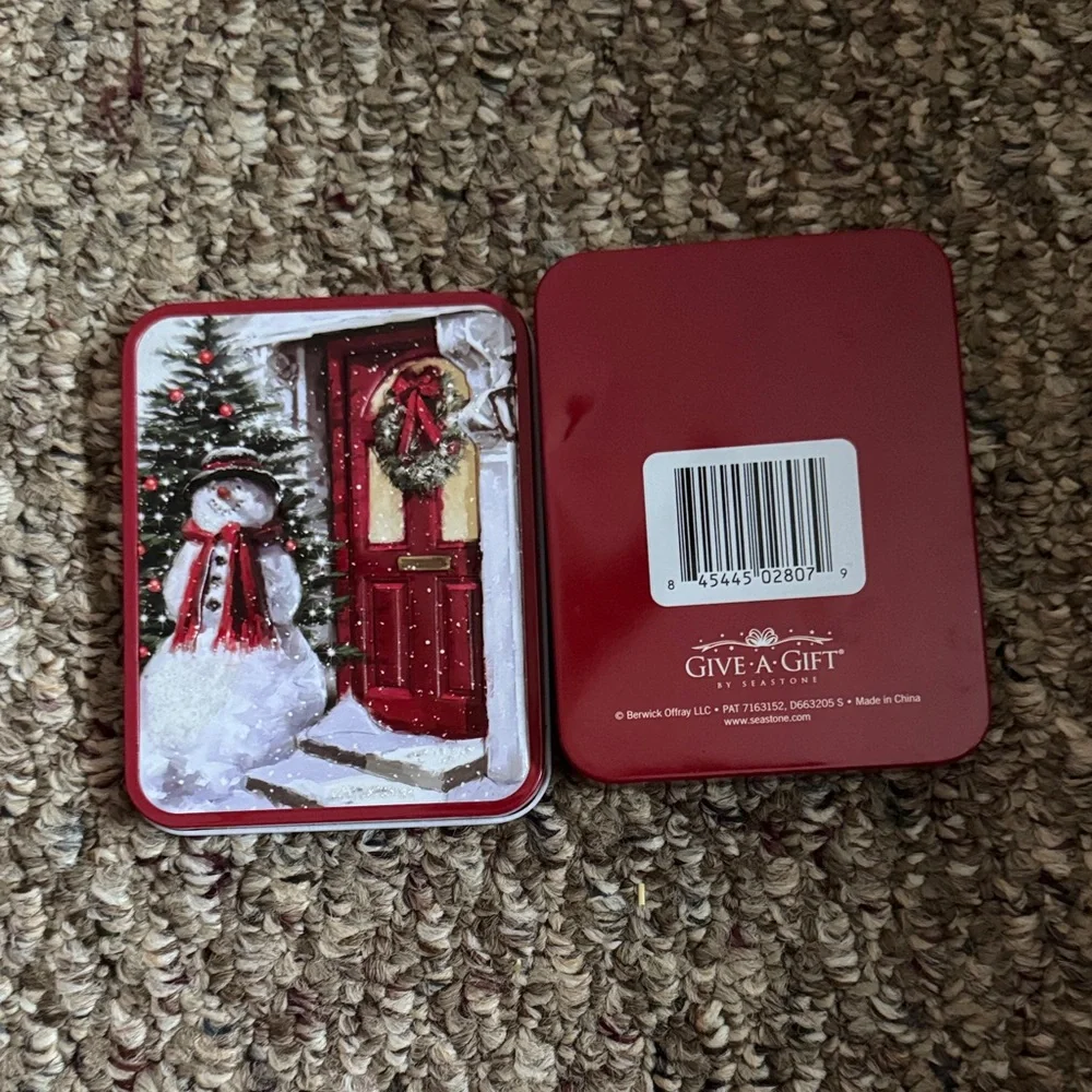 Holiday Snowman Tin with Red Door Design